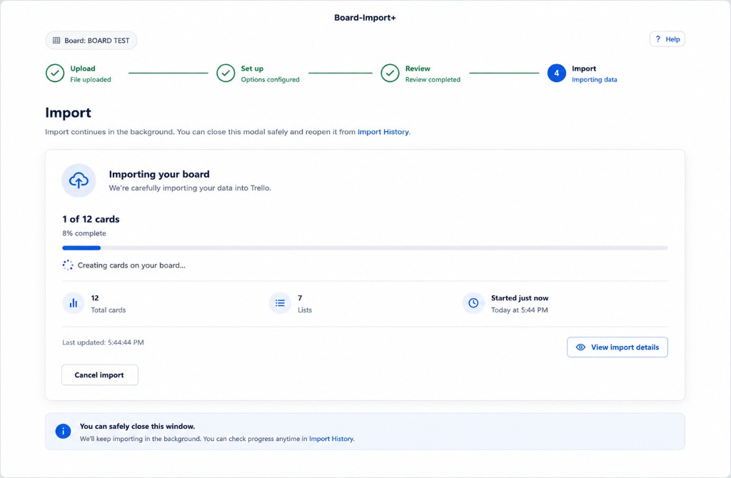 Import in progress — progress bar, stats, and background processing