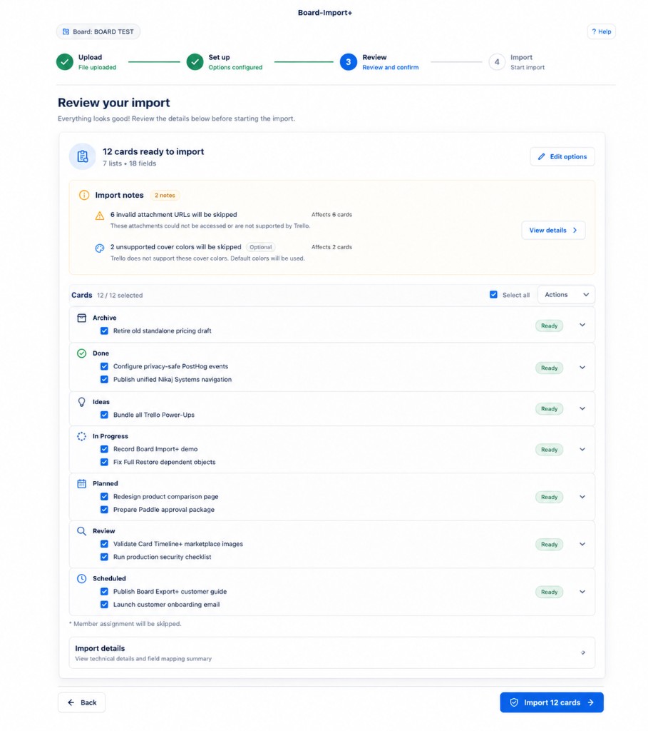 Review your import before cards are created on the board