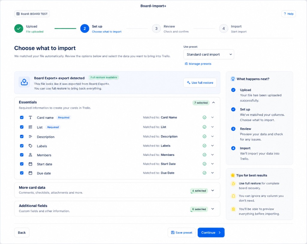 Choose what to import — matched columns and field groups